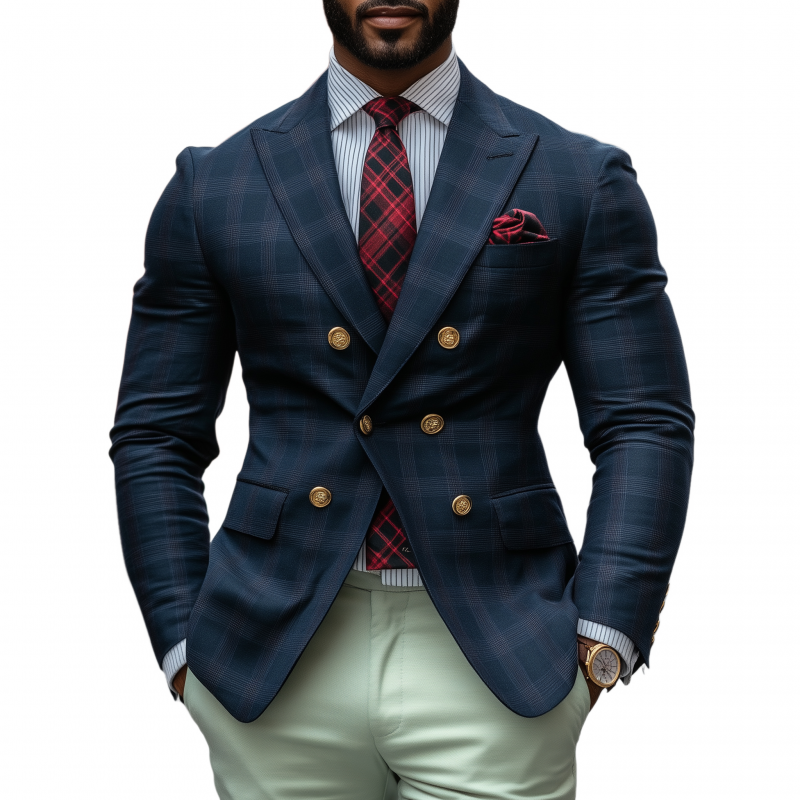 Men's Vintage Cotton Blend Plaid Peaked Lapel Double-Breasted Slim-Fit Blazer MTA1445H6M