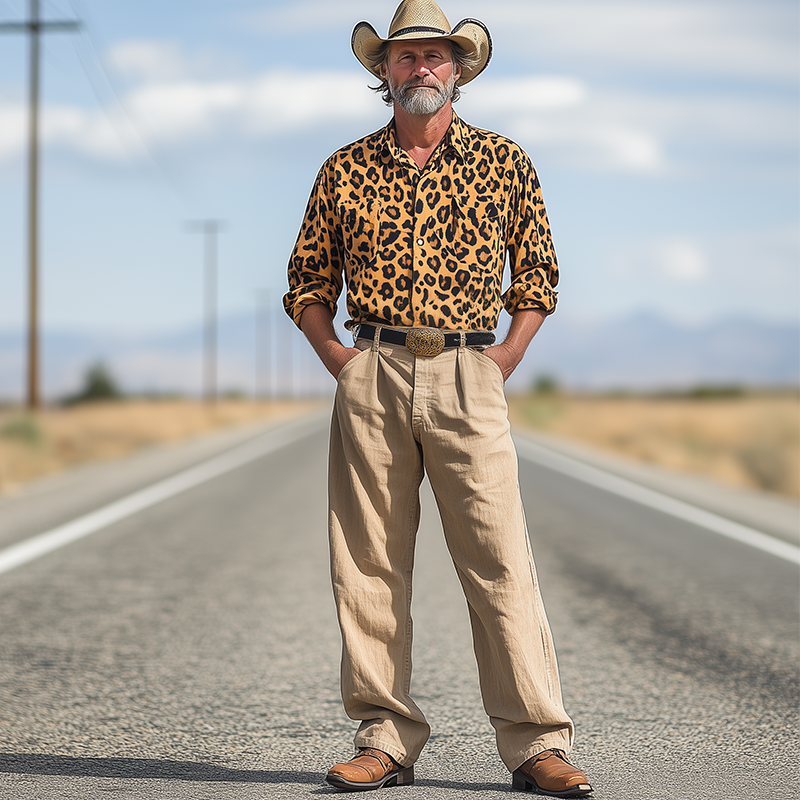 Men's Spring And Summer Fashion Western Cowboy Style Cotton And Linen Washed Loose Casual Pants MTA1676E2K
