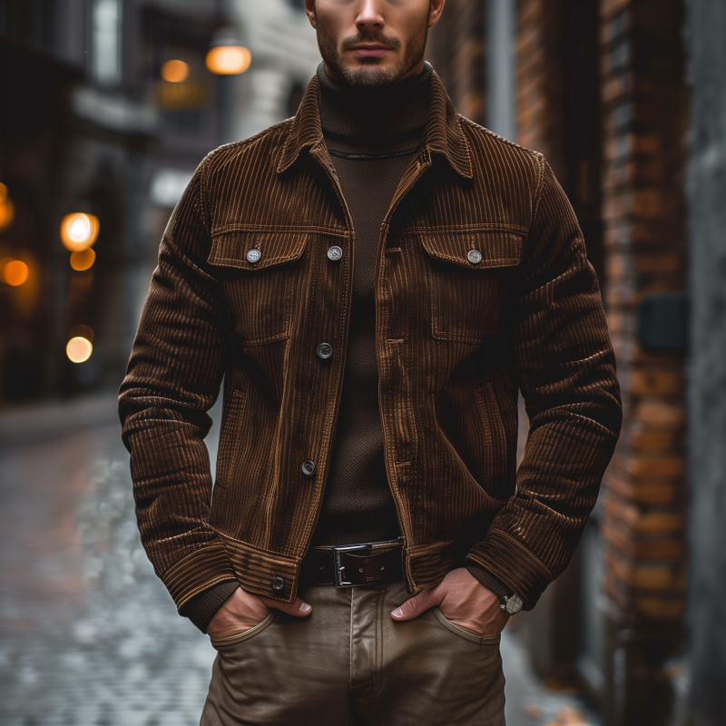 Men's Vintage Solid Color Corduroy Lapel Single Breasted Slim Fit Jacket MTA1426H6M