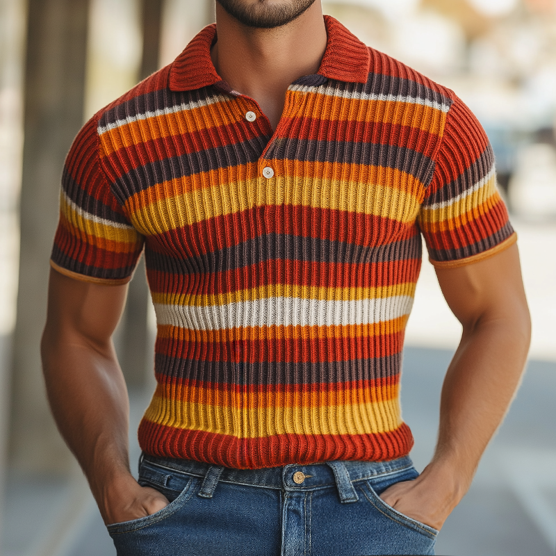 Men's Retro Casual Color Striped Knitted Short Sleeve Polo Shirt MTA2211G5TO