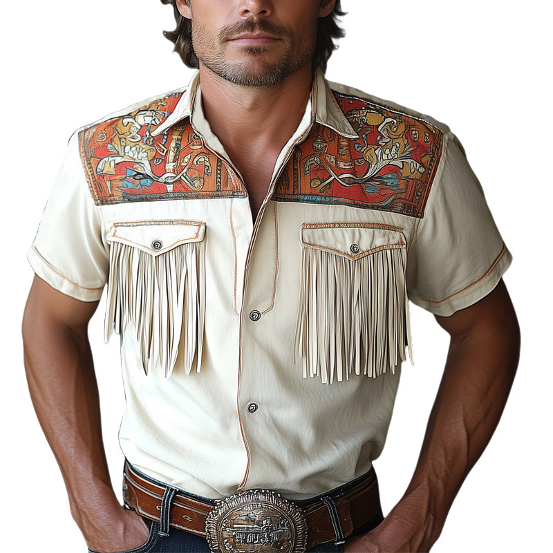 Men's Summer Western Cowboy Style Tassel Short Sleeve Shirt MTA0737E4U
