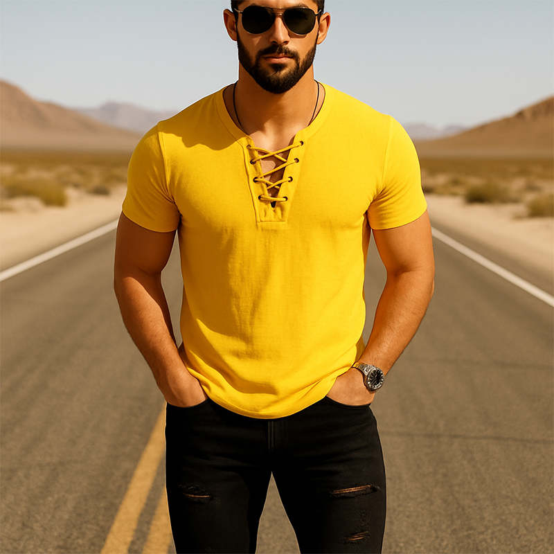 Men's Summer Fashion Lace-Up Thin Linen Short-Sleeved Shirt MTA0404F6P