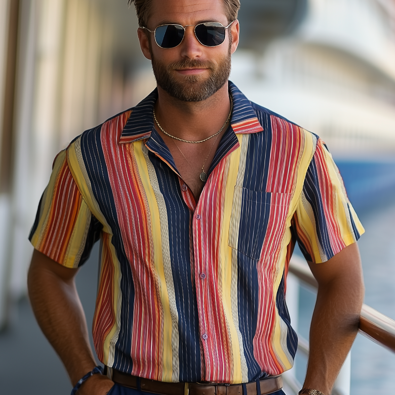 Men's Summer Classic Colorblock Striped Short Sleeve Shirt MTA2072F6U