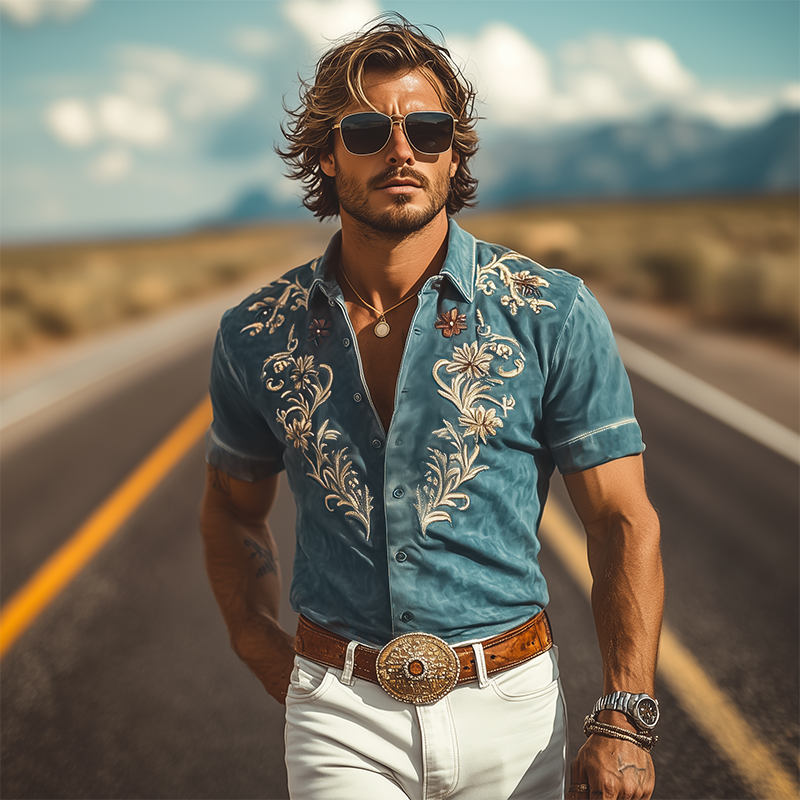 Men's Fashion Casual American Retro Western Tough Style Thin Suede Embroidered Slim Short-sleeved Shirt MTA0772F2K