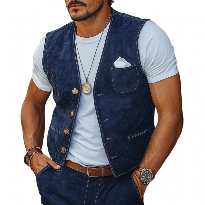 Men's Vintage Elegant Faux Suede V-Neck Single-Breasted Slim Fit Suit Vest MTA2458G5M