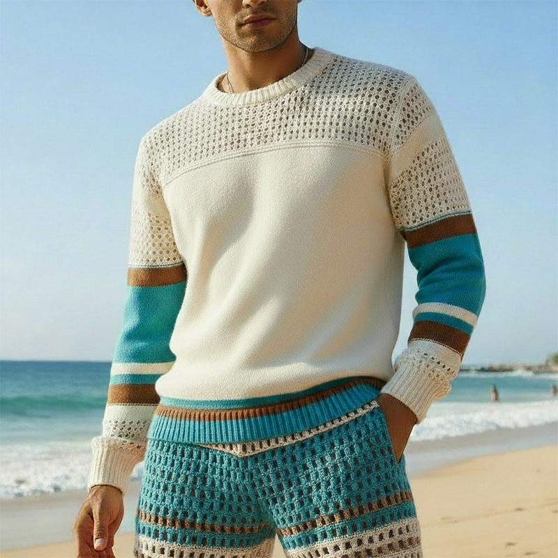 Men's Spring Fashion Cotton Yarn Knitted Hollow-out Long-sleeve Crew Neck Sweater MTZ2346A6P