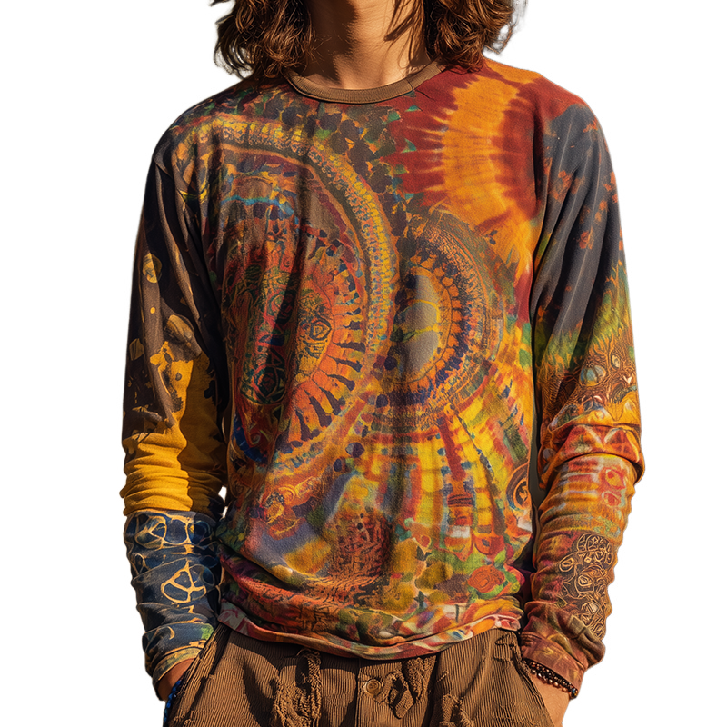Men's Retro Casual Hippie Gradient Print Round Neck Long Sleeve T-shirt MTA0168H3TO
