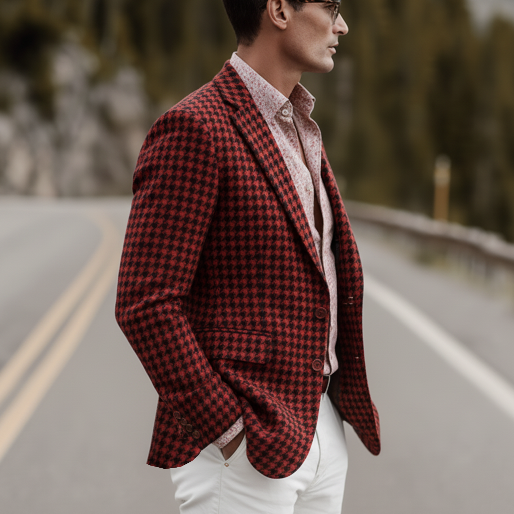 Men's Classic Party Christmas Red Faux Houndstooth Wool Single-Breasted Blazer MTA3052I5K
