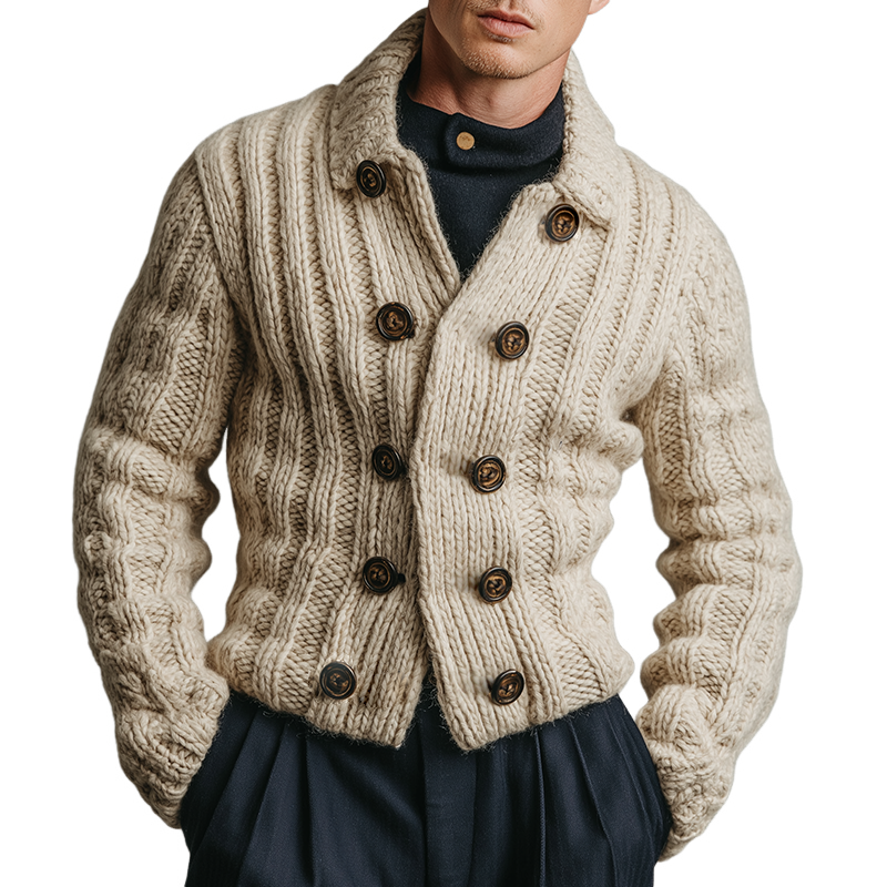 Men's Retro Casual Knitted Cropped Sweater Lapel Double-breasted Cardigan MTA1403J1TO