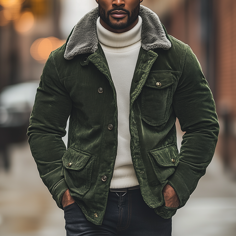 Men's Winter Retro Glossy Corduroy Jacket With Detachable Fur Collar MTA0170K0P