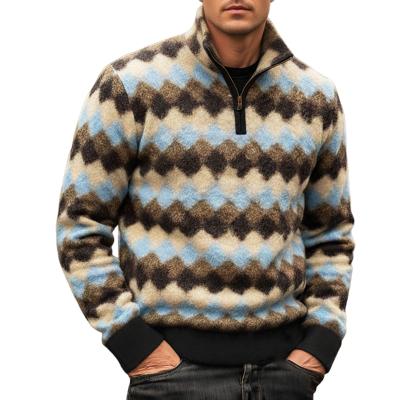 Men's Classic Colorblock Diamond Faux Lambswool Stand Collar Sweatshirt MTA1625J3U