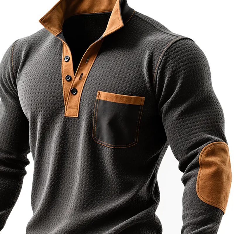 Men's Retro Western Cowboy Style Stitching Faux Suede Lapel Long Sleeve Polo Shirt MTA0907J5X