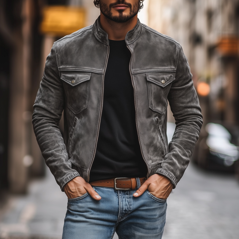Men's Casual Outdoor Denim Washed Distressed Stand-up Collar Zipper Placket Slim Fit Short Jacket MTA1218H8M