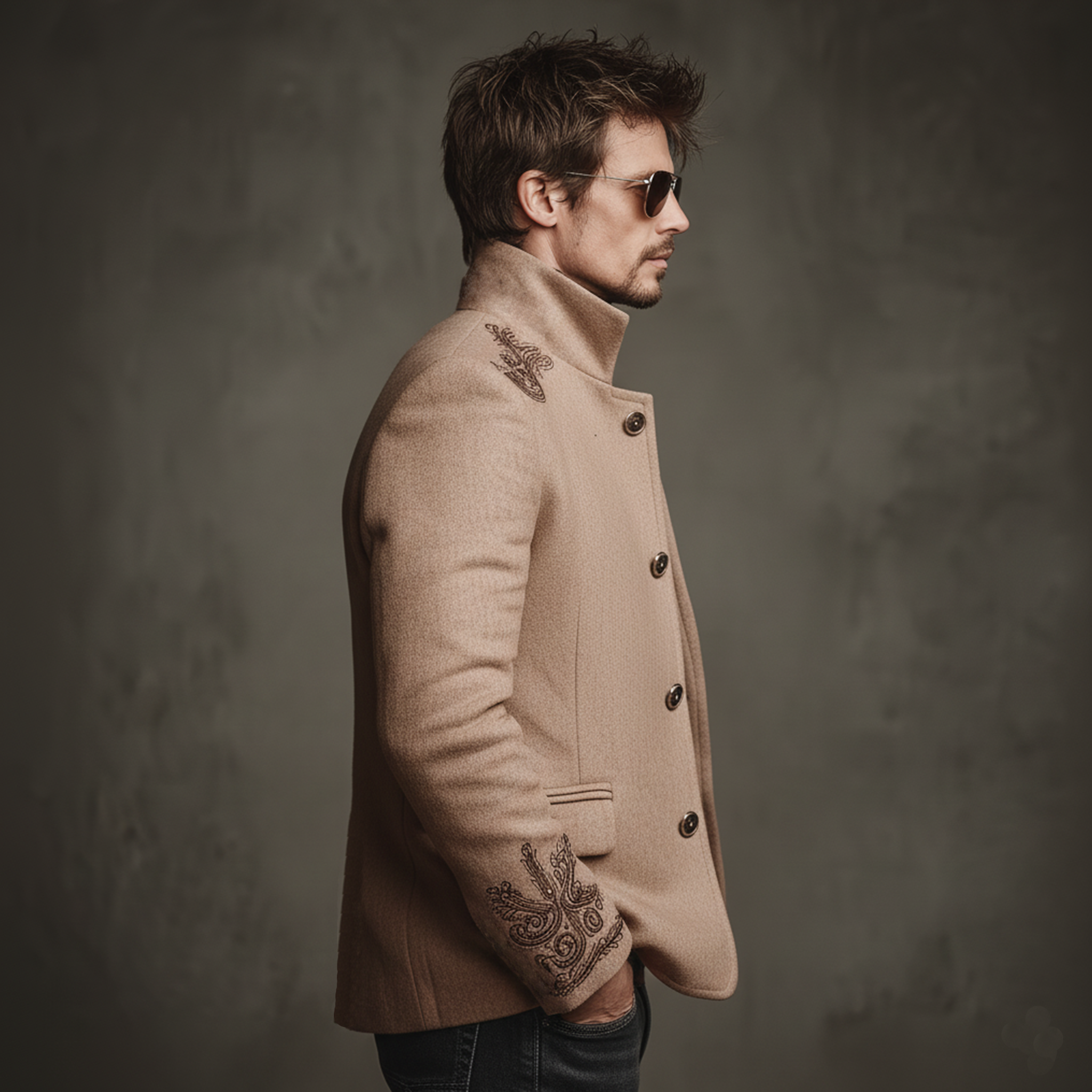 Men's Classic Retro Stand Collar Embroidered Pink Faux Woolen Jacket MTA0664K2K