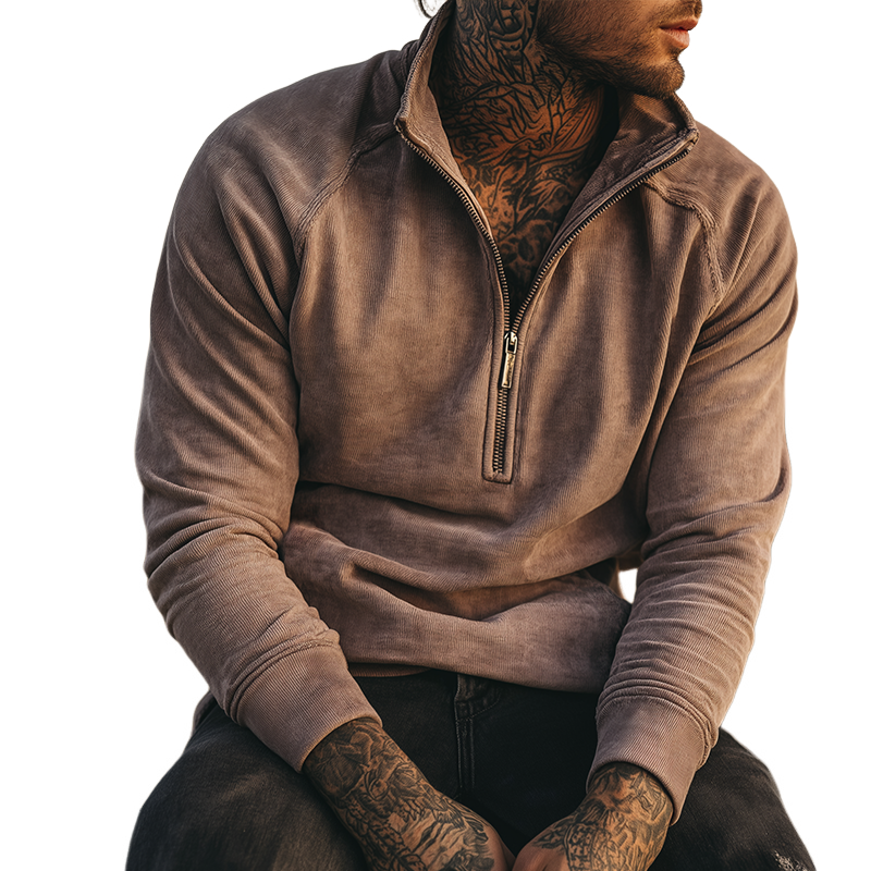 Men's Retro Casual Western Style Corduroy Zip-Neck Sweatshirt MTA2127H0TO