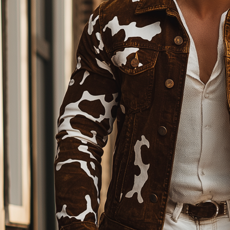 Men's Vintage Cowboy-style Cow Print Faux Suede Button-up Jacket MTA1630L4P