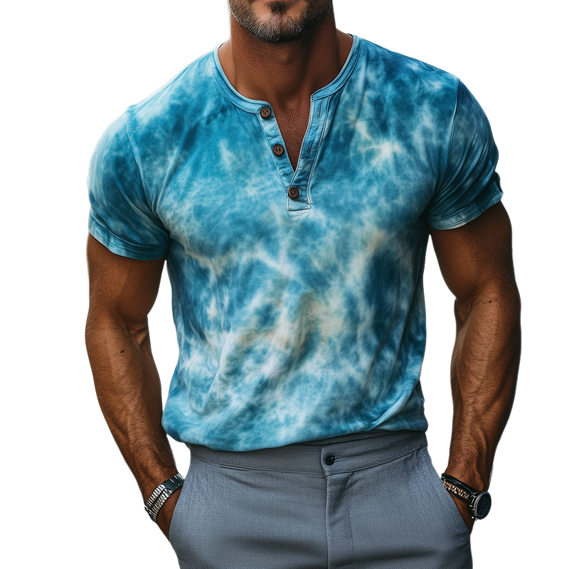 Men's Retro Casual Gradient Print Henley Neck Short Sleeve T-Shirt MTA0156G4TO