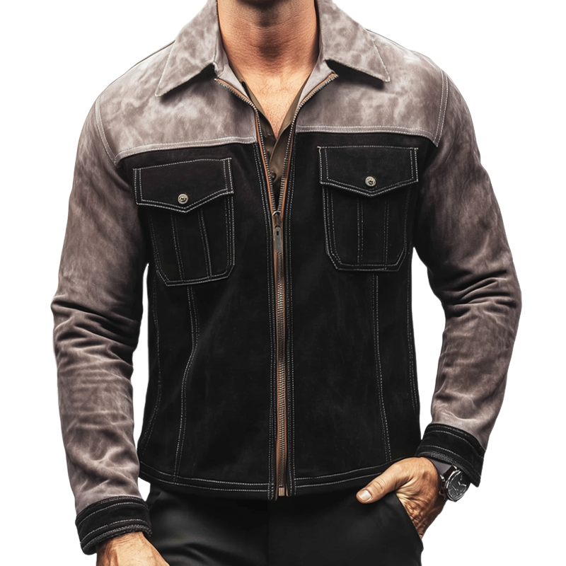 Men's Vintage Colorblock Suede Zip-Up Jacket MTA2827H4U