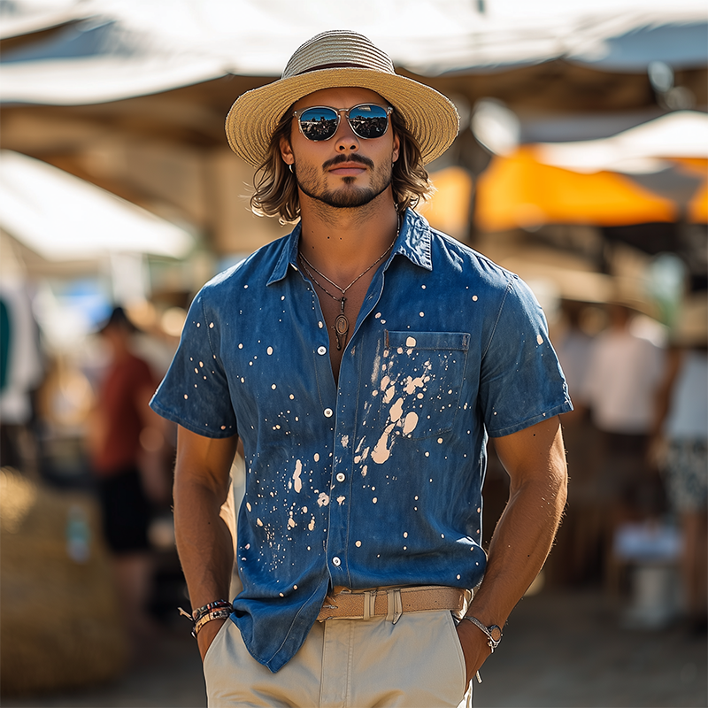 Men's Spring And Summer Fashion Casual Washed Denim Personality Ink-splashed Short-sleeved Shirt MTA2467F9K