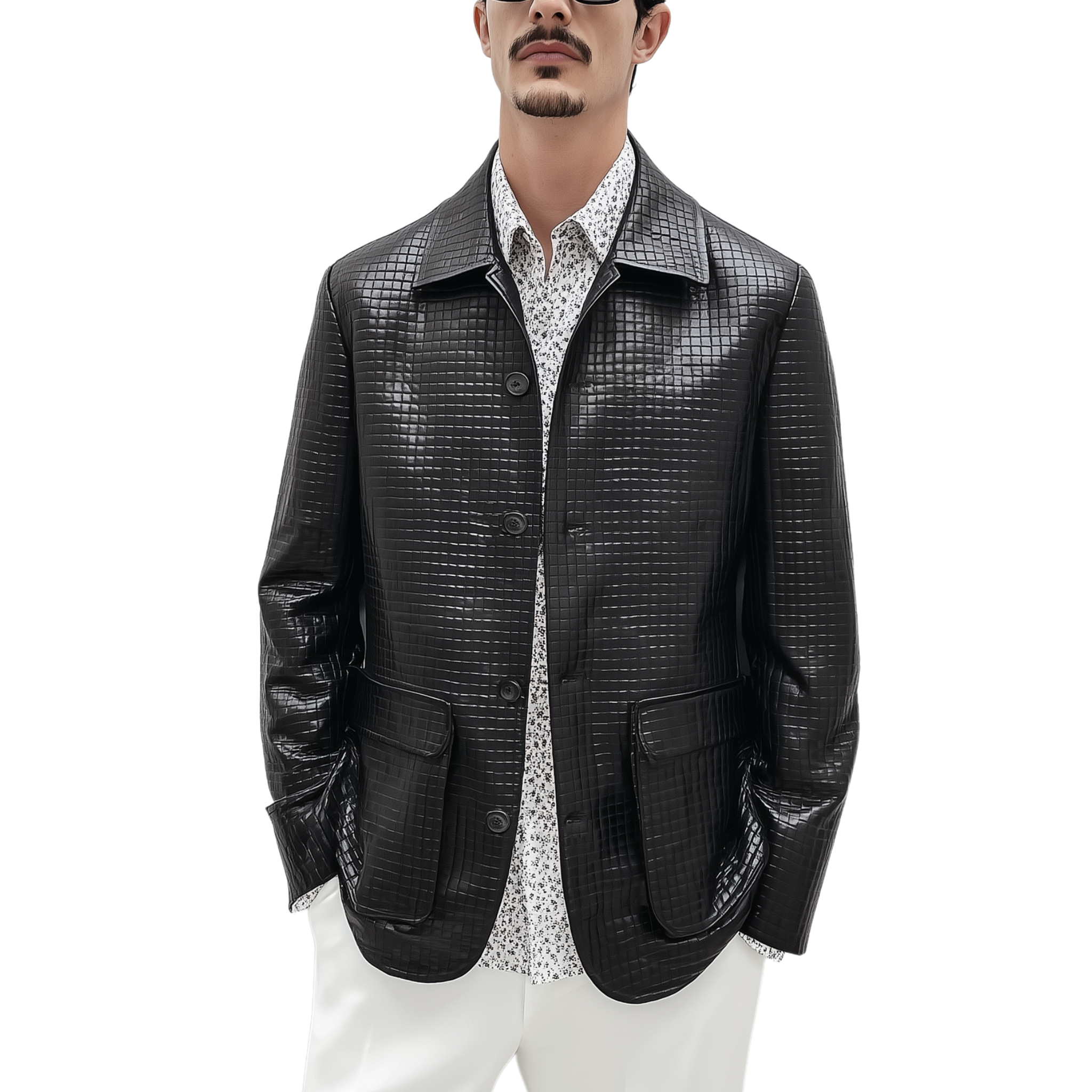 Men's Classic Casual Woven Textured Leather Single Breasted Jacket MTA1138H9K