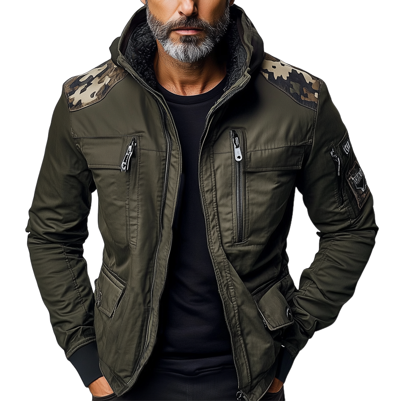Men's Camouflage Contrast Multi-pocket Hooded Jacket MTA3189G8X