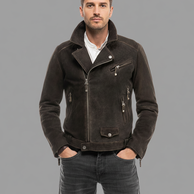 Men's Classic Dark Brown Multi-Pocket Suede Motorcycle Jacket MTA1163J2U