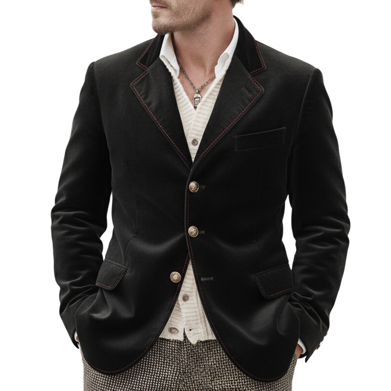 Men's Classic Retro Velvet Three-button Contrasting Stitching Blazer MTZ0411A7U