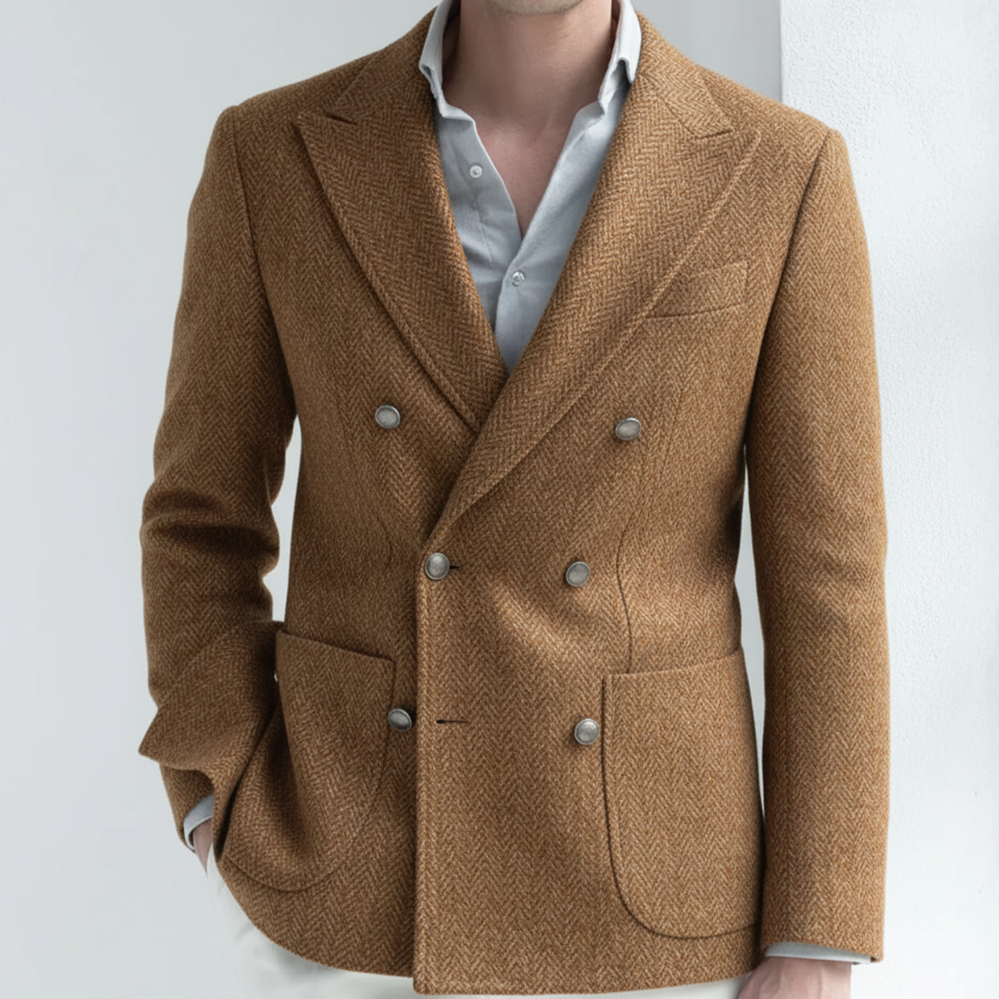 Men's Classic Light Business Faux Woolen Houndstooth Double-breasted Blazer MTA2249I8K