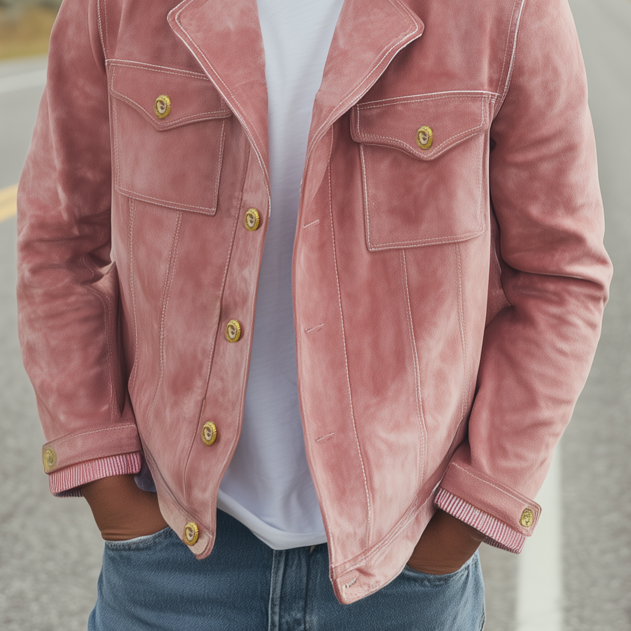 Men's Classic Vintage Collar And Cuffs With Corduroy Epaulettes In Pink Suede Motorcycle Jacket MTA2720H9K