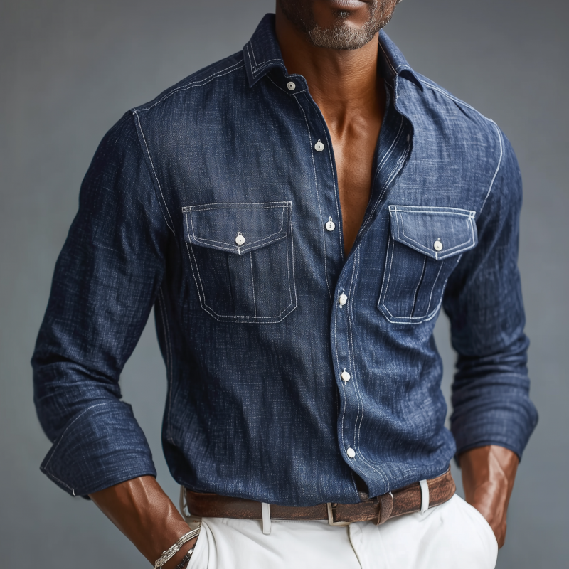 Men's Casual Breathable Cotton Linen Lapel Chest Pocket Slim Fit Long Sleeve Shirt MTA0757G1M
