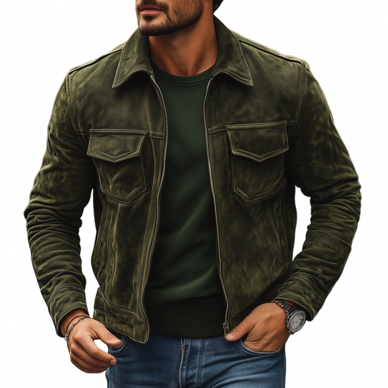 Men's Vintage Solid Suede Lapel Zipper Placket Flap Chest Pocket Slim Fit Jacket MTA0579H8M