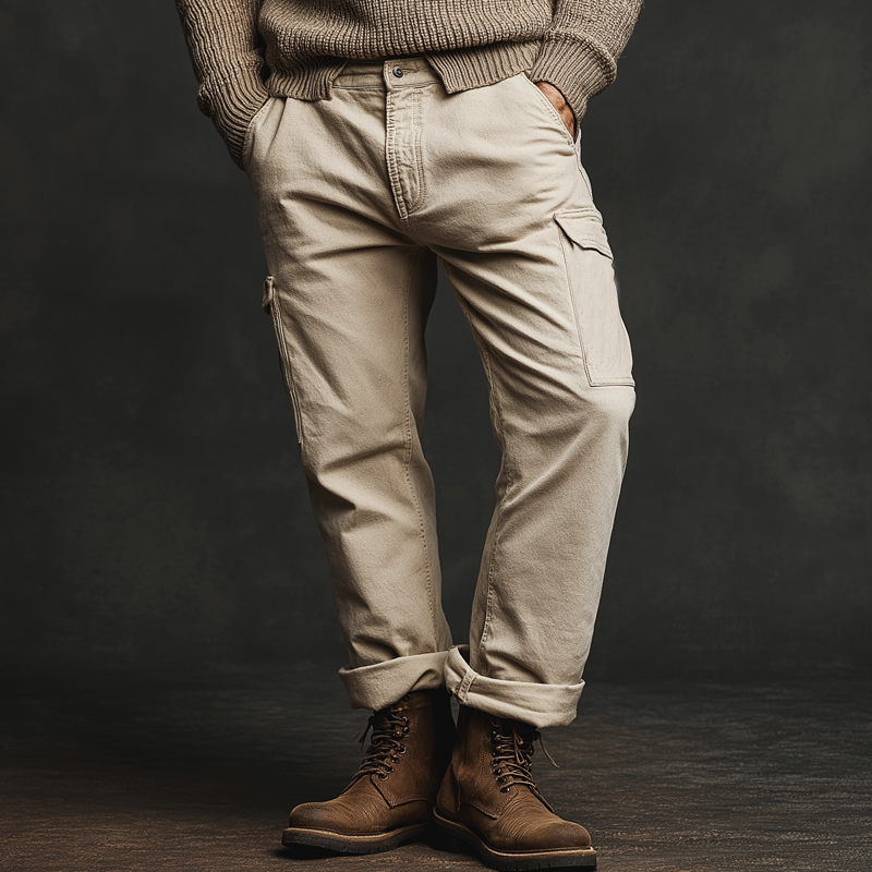 Men's Classic Beige Cotton Blend Straight Leg Cargo Pants MTA3068J4U