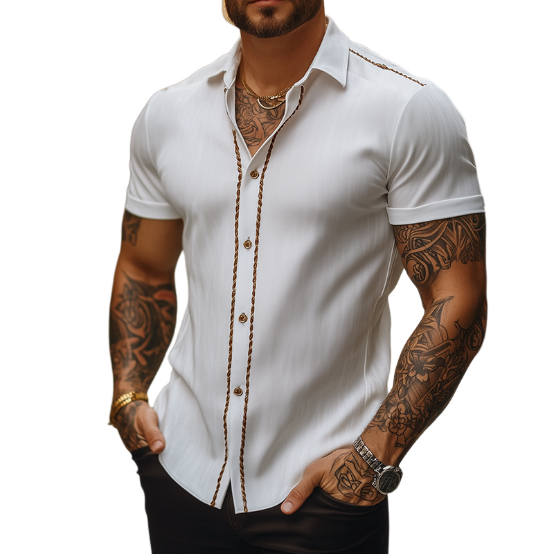Men's Retro Ribbon Stitching Lapel Short Sleeve Shirt MTA2607F5TO