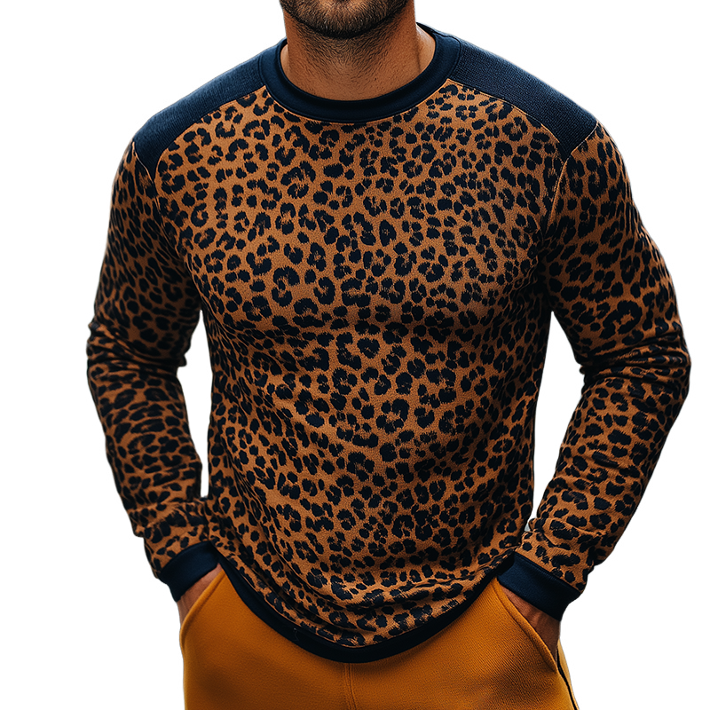 Men's Retro Casual Leopard Print Colorblock Round Neck Long Sleeve T-Shirt MTA2589G7TO