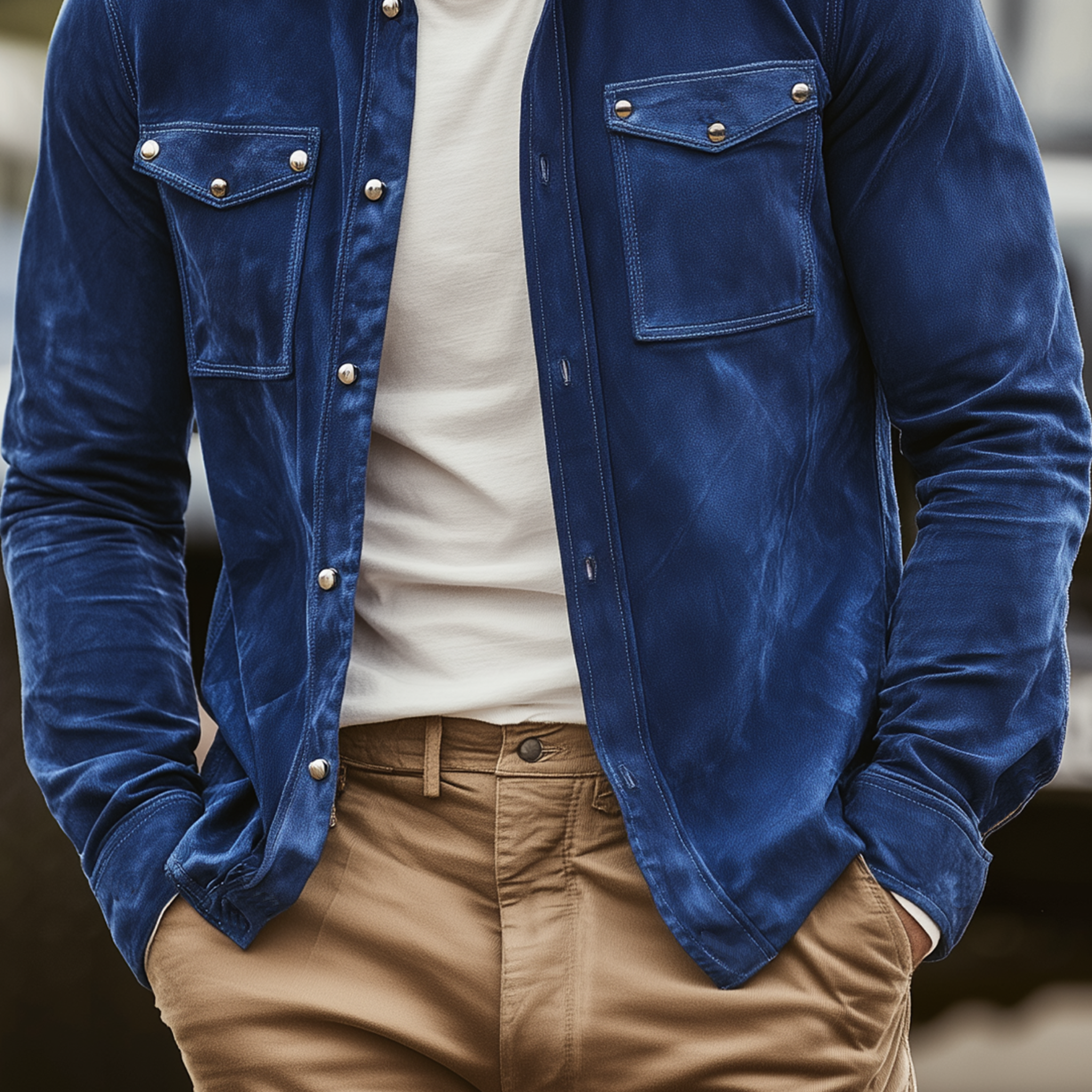 Men's Fashion Casual Pocket Decoration Metal Rivet Suede Long Sleeve Shirt MTA0104H0K