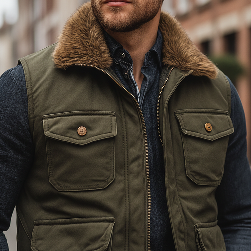 Men's Winter Retro Fur Collar Zipper Vest MTA1579K0P