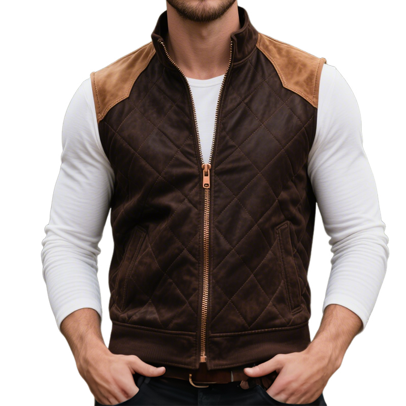Men's Retro Casual Western Style Diamond Check Stand Collar Zipper Vest MTA1439H8TO