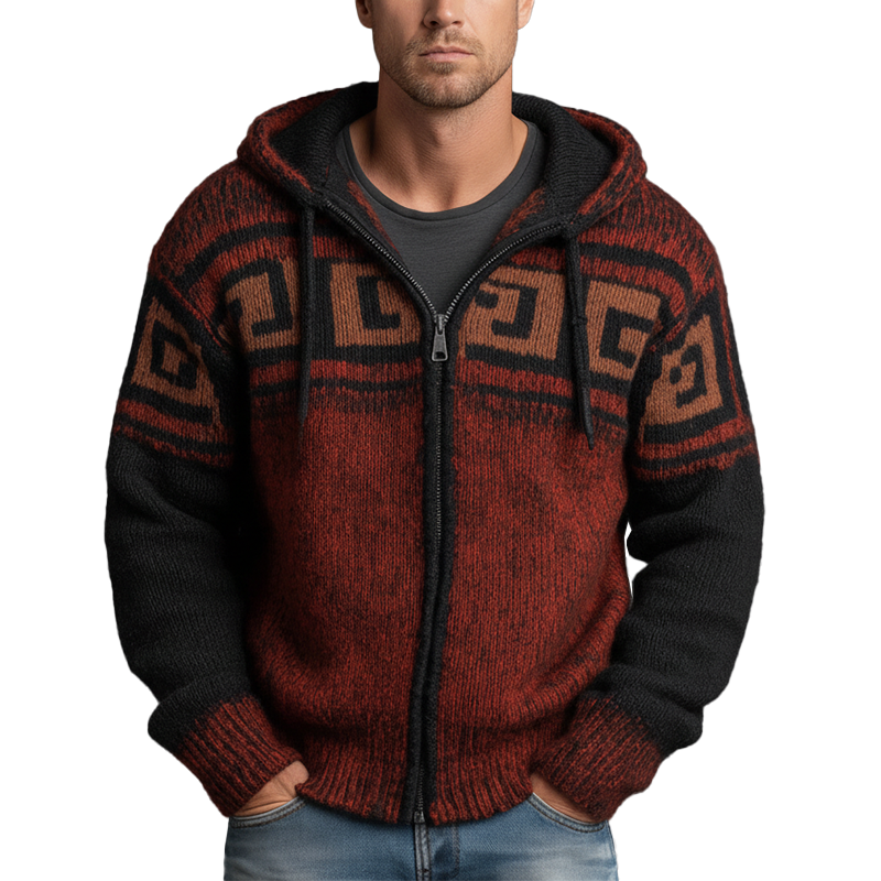 Men's Winter Retro Contrast Color Knitted Jacquard Cotton Yarn Hooded Cardigan MTA2346J1P