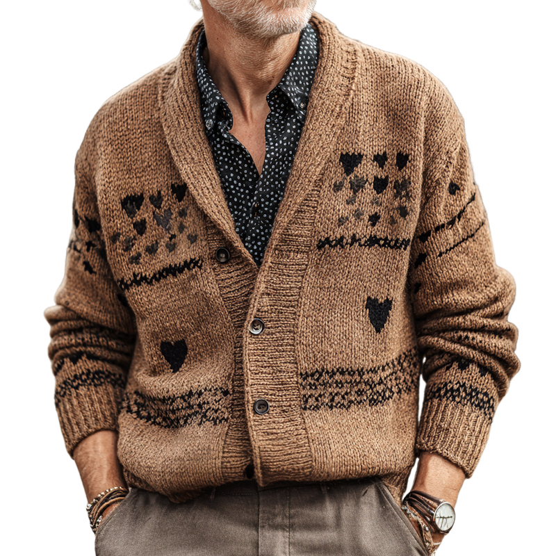 Men's Heart Pattern Shawl Collar Single Breasted Knit Cardigan MTA1123I8Z