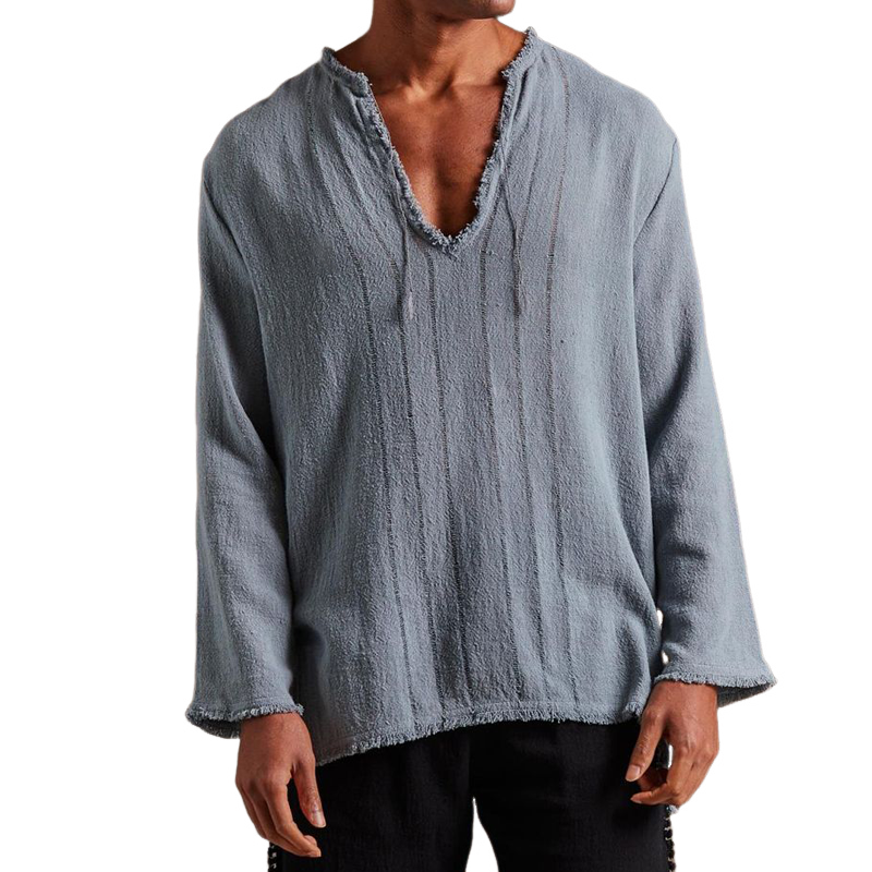 Men's Solid Color Cotton And Linen Raw Edge V Neck Long Sleeve Shirt 64703423Z