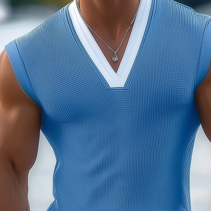 Men's Knitted Contrast Color V-Neck Sleeveless Tank Top MTA0538G9X