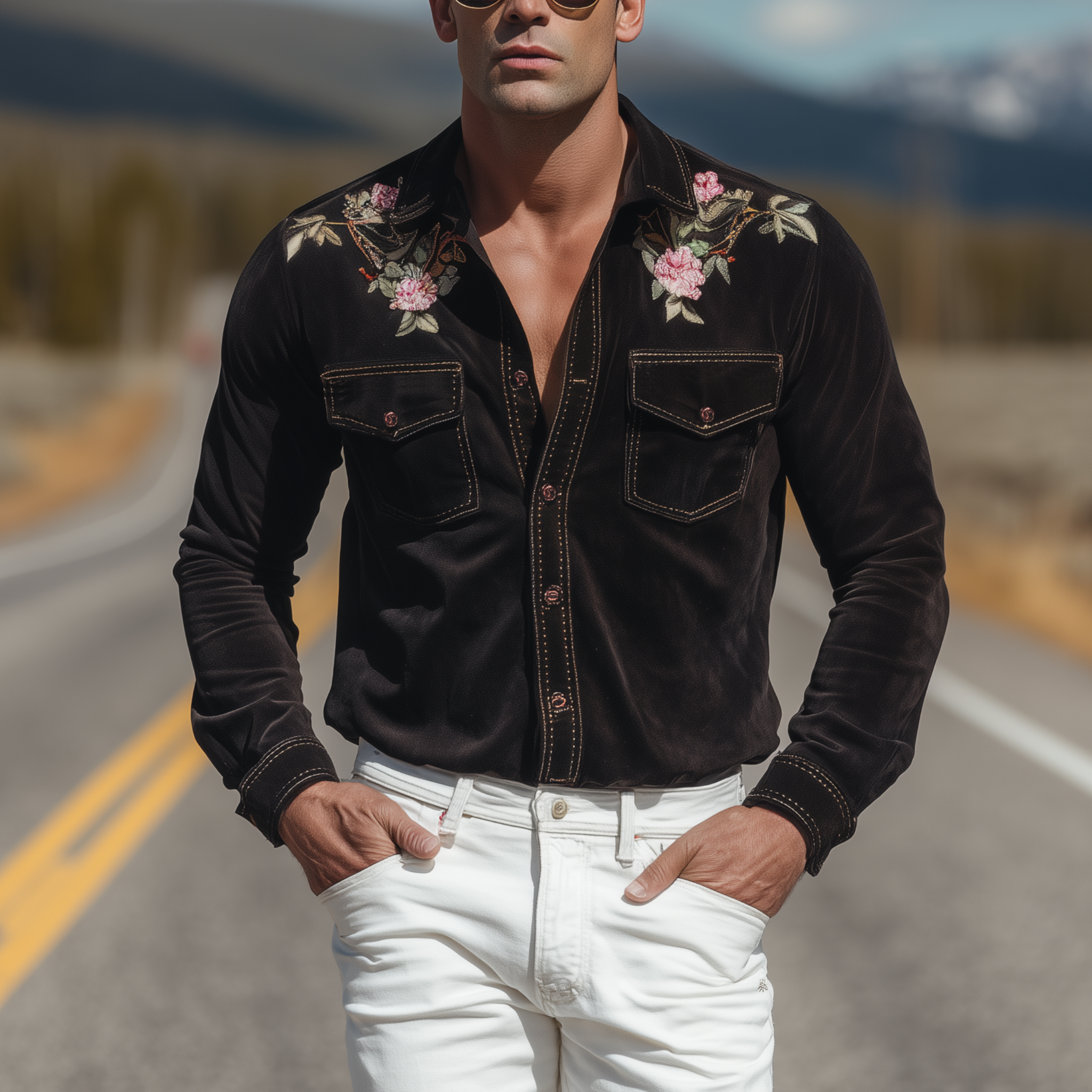 Men's Classic Retro Western Embroidered Suede Pocket Slim Fit Long Sleeve Shirt MTA1440H0K