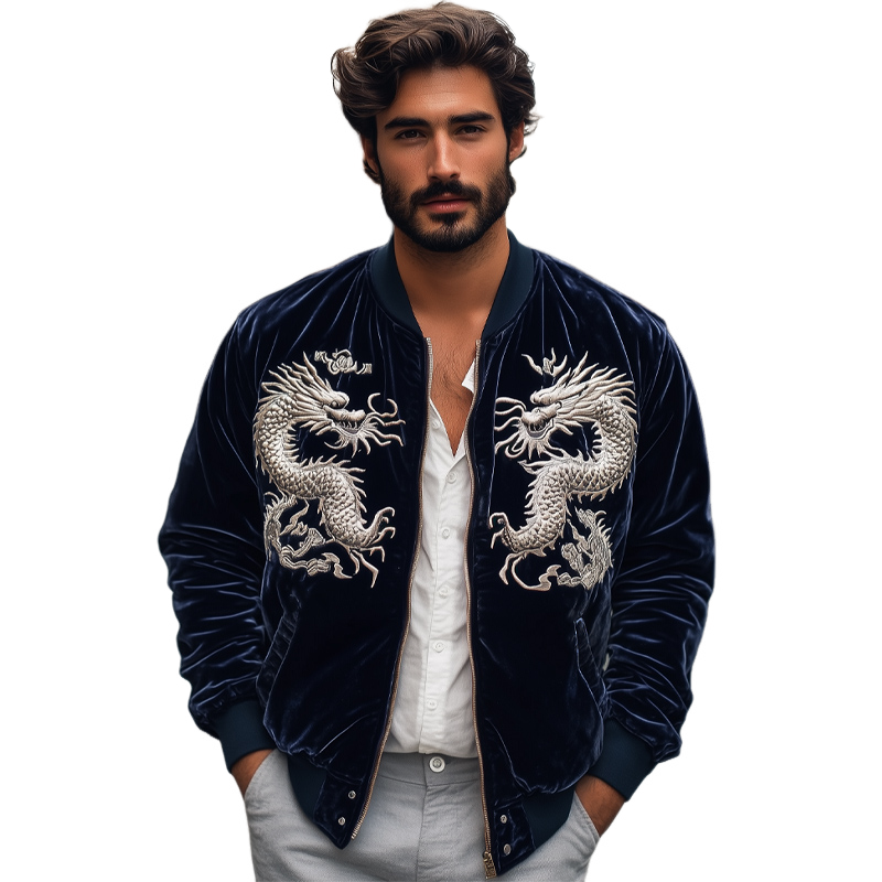 Men's Navy Vintage Dragon Embroidered Velvet Jacket 16983640U