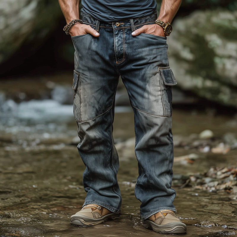Men's Outdoor Vintage Distressed Multi-pocket Jeans MTA1649G8U