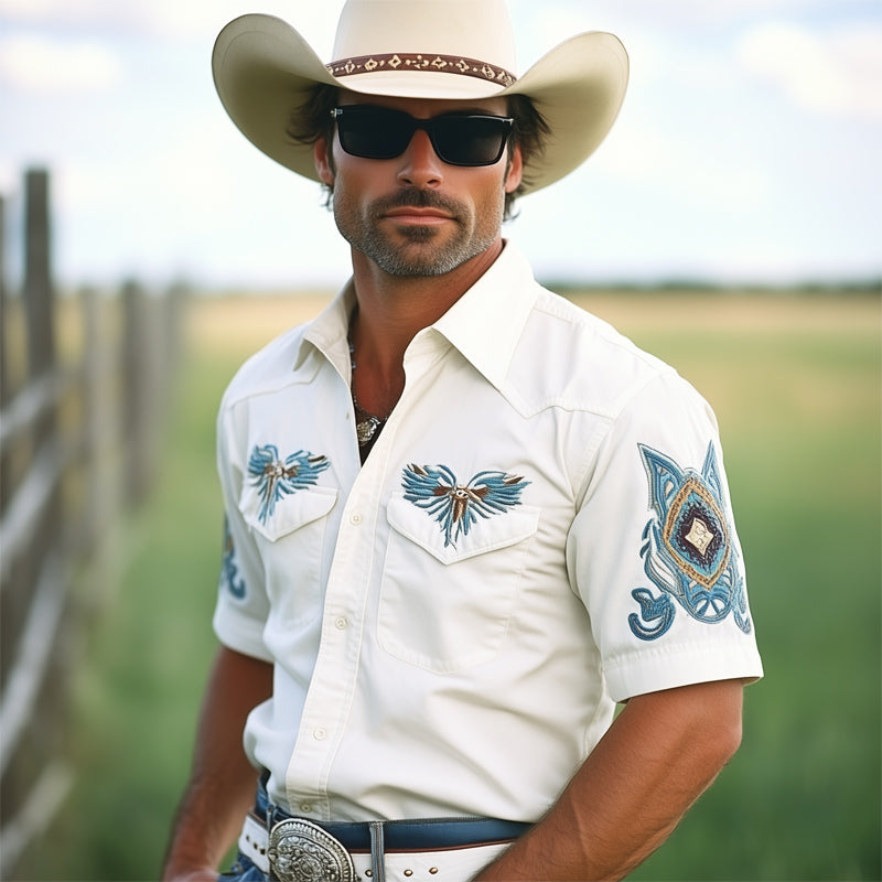 Men'S Western Cowboy Style Vintage Embroidered Short Sleeve Shirt MTA1283E2U