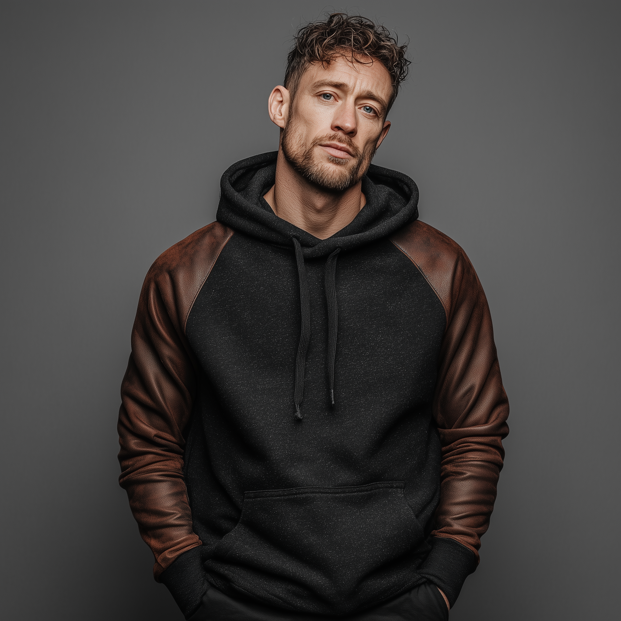 Men's Classic Casual Sleeve Stitching PU Leather Loose Cotton Blend Hoodie MTA0917J2K