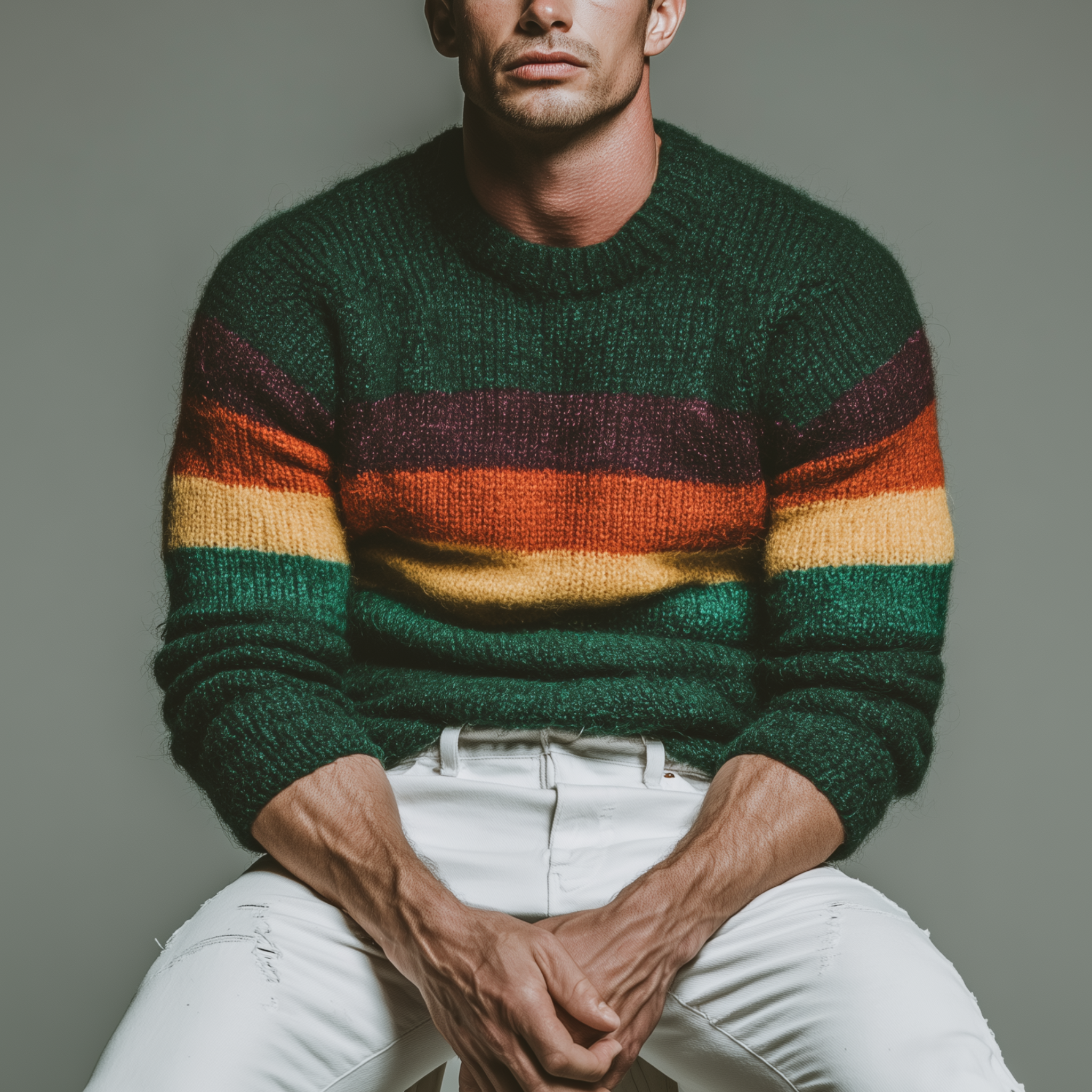 Men's Classic Casual Christmas Green Crew Neck Horizontal Striped Sweater MTA2961I7K