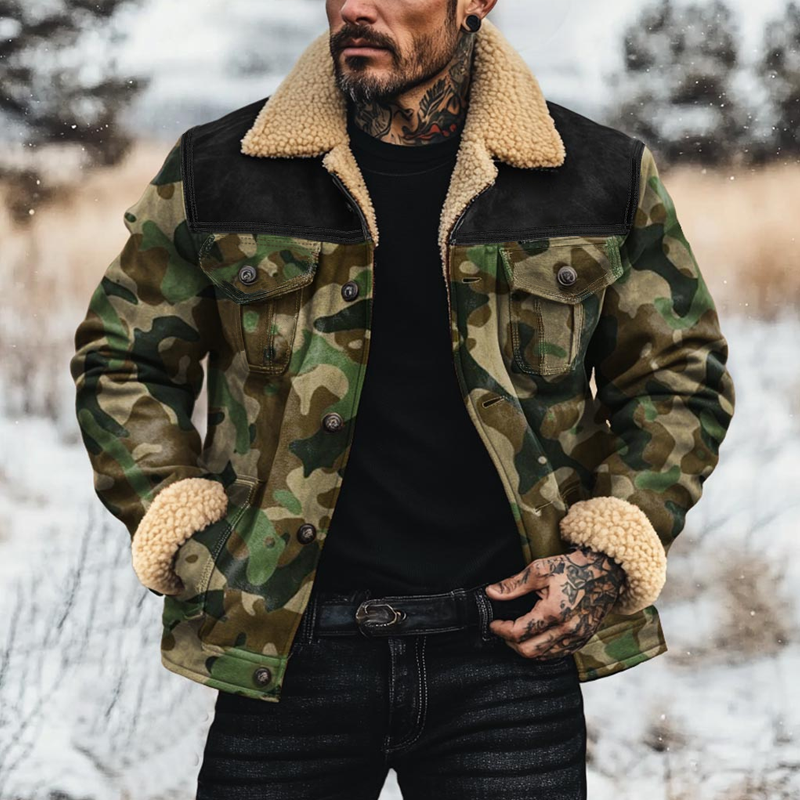 Men's Fleece Lapel Camouflage Suede Single Breasted Jacket 41809323Z