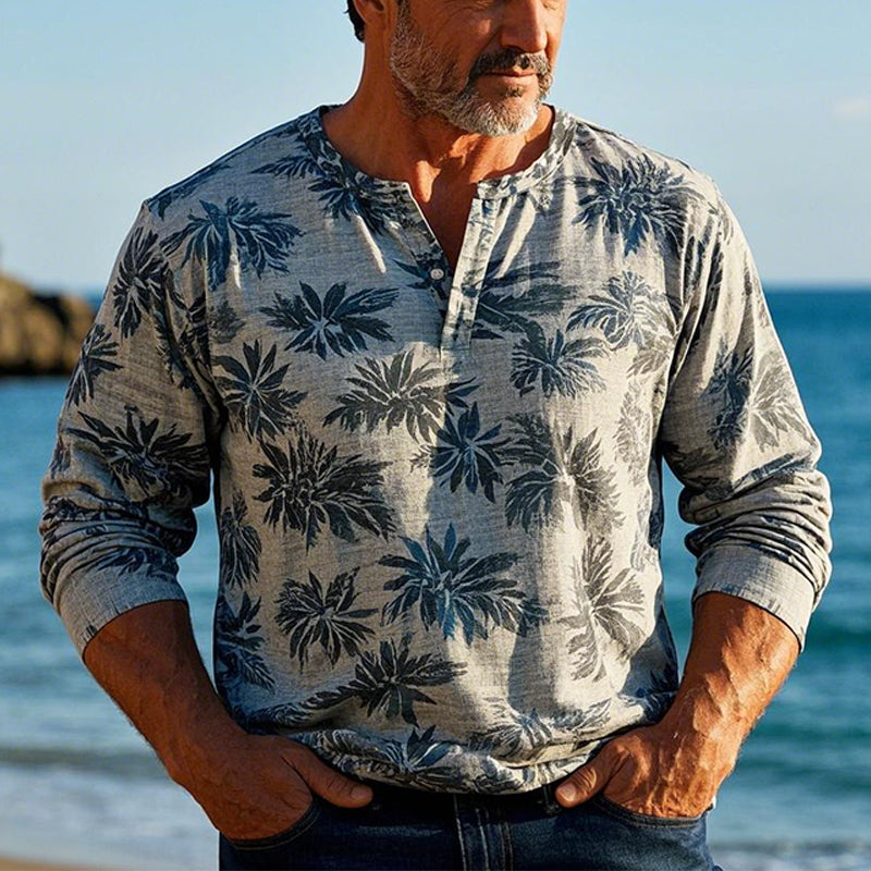 Men's Hawaiian Leaf Print Henley Neck Long Sleeve T-Shirt 05277343X