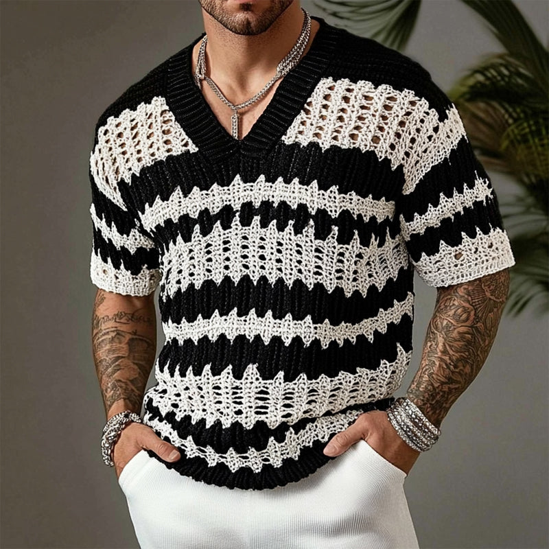 Men's Knitted Contrast Color V-neck Short-sleeved Sweater 14944957X